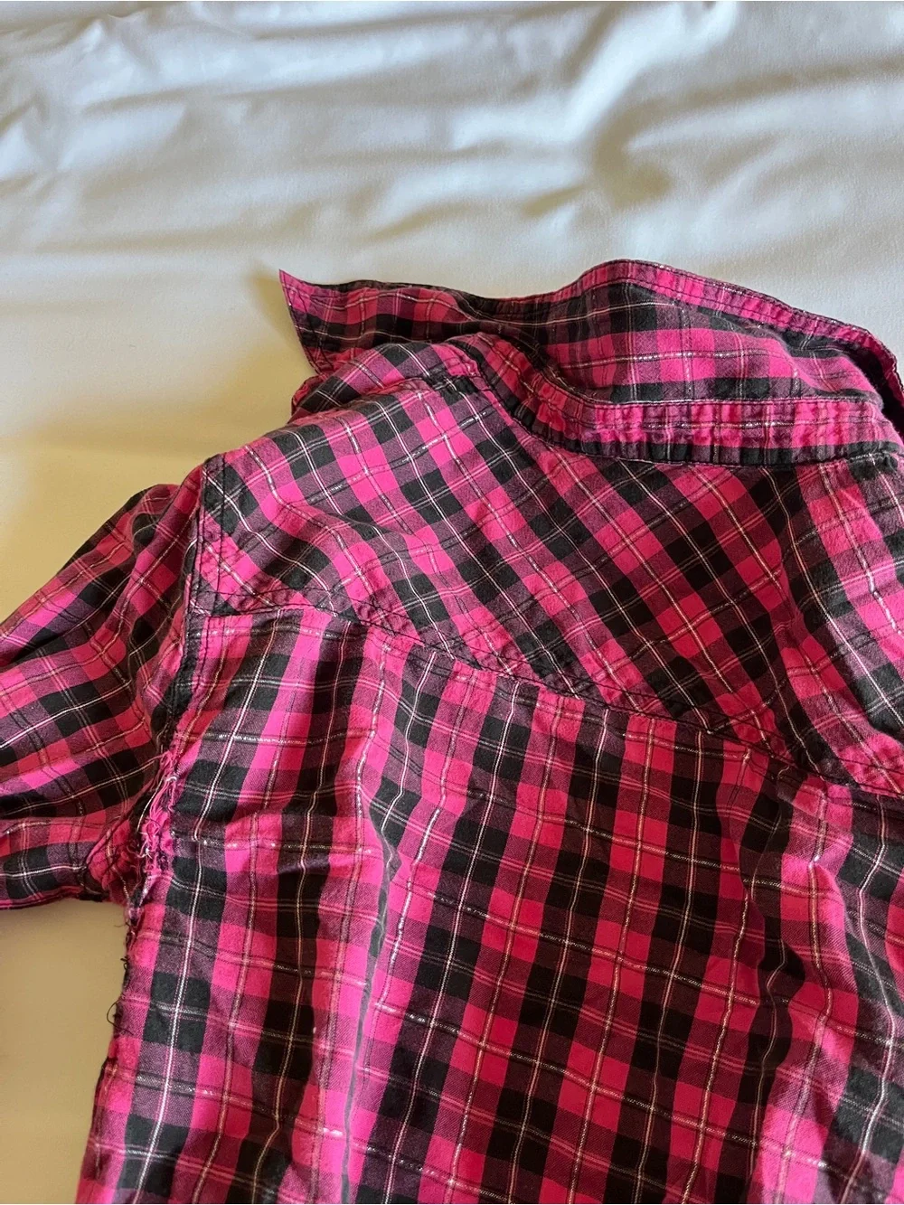 Justice Pink & Black Plaid Metallic Flannel Button Up Shirt Ruffle Size 14